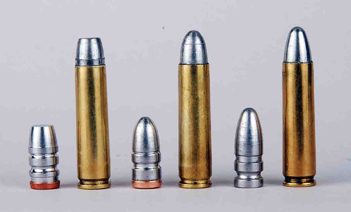 Mike has tried these three cast bullet styles in .30 Carbine. From left: the Lyman 311316 FN, 110-grain gas check, Redding SAECO 302, 115-grain RN gas check and Lyman 311410, 130-grain plain base.